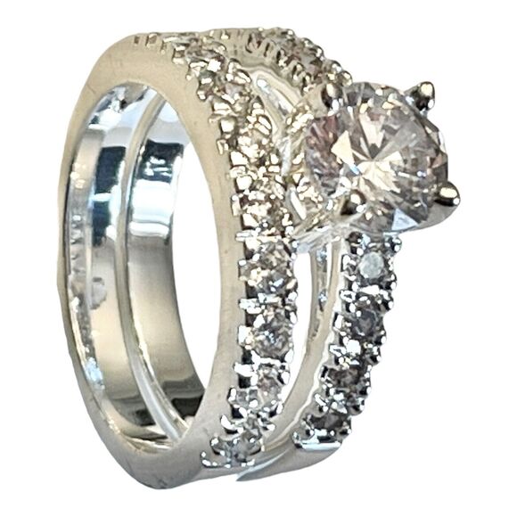 Solitaire Engagement Wedding Ring Set 2 Cz Solitaire Eternity Band Silver Size 5 - Picture 3 of 9